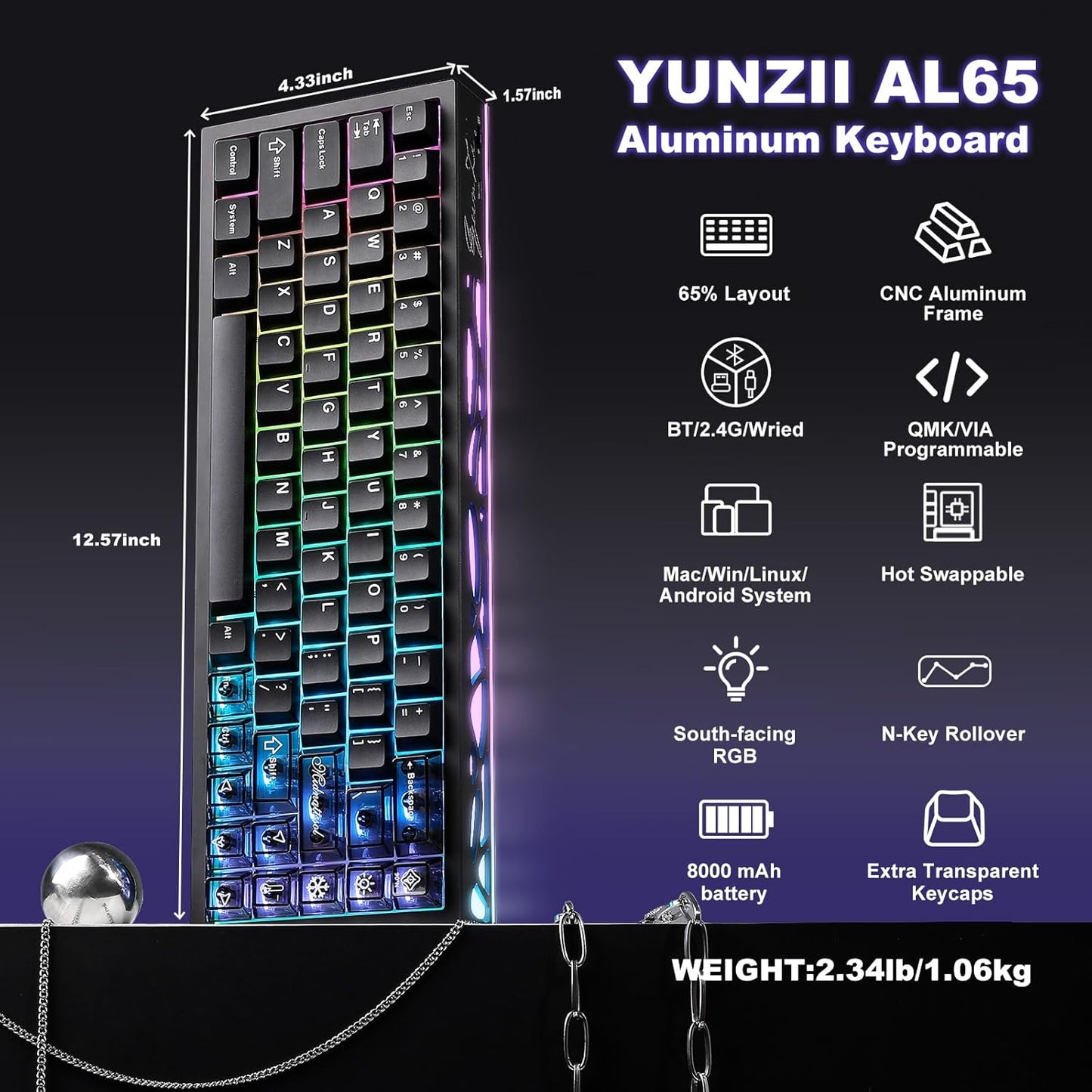 YUNZII AL65 Wireless Mechanical Keyboard, Full Aluminum CNC,Support QMK/VIA Software Gasket Structure,60% Hot Swappable with RGB Backlit BT/2.4G/USB-C for Mac/Windows(White, Gateron Zero)