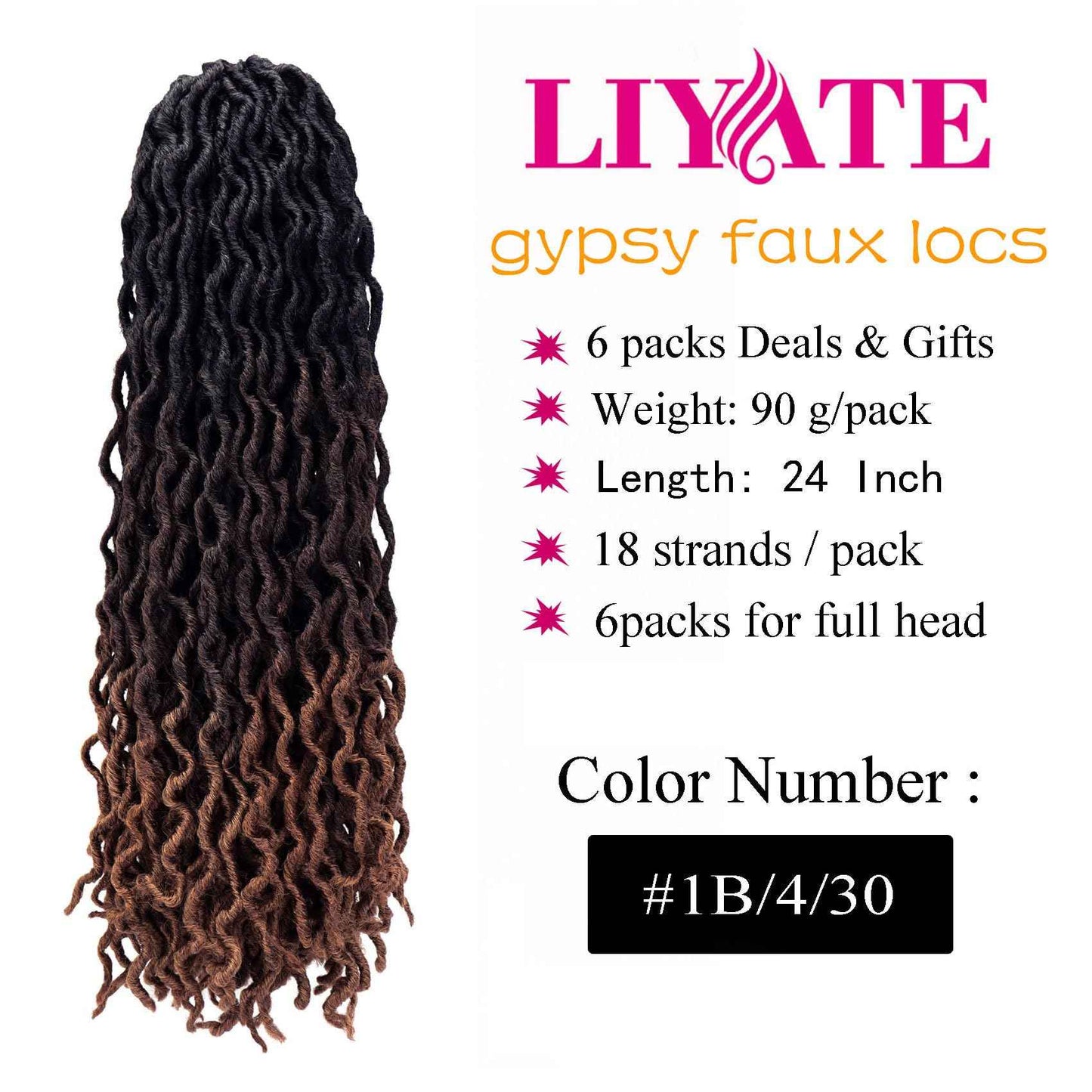 24 Inch Goddess Faux locs Crochet Hair 6 Packs/Lot Soft Gypsy Locs Wavy Crochet Braids Dreadlocks 3 Tone Curly Wavy Twist Braiding Hair Extensions African Roots Braid(1B/4/30)