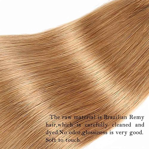 ijoy Honey Blonde 3 Human Hair Bundles with Lace Closure 4x4 Free Part 10 12 14+C10 Inch Human Hair Long Straight Bundle 10A Brazilian Virgin Hair Extension