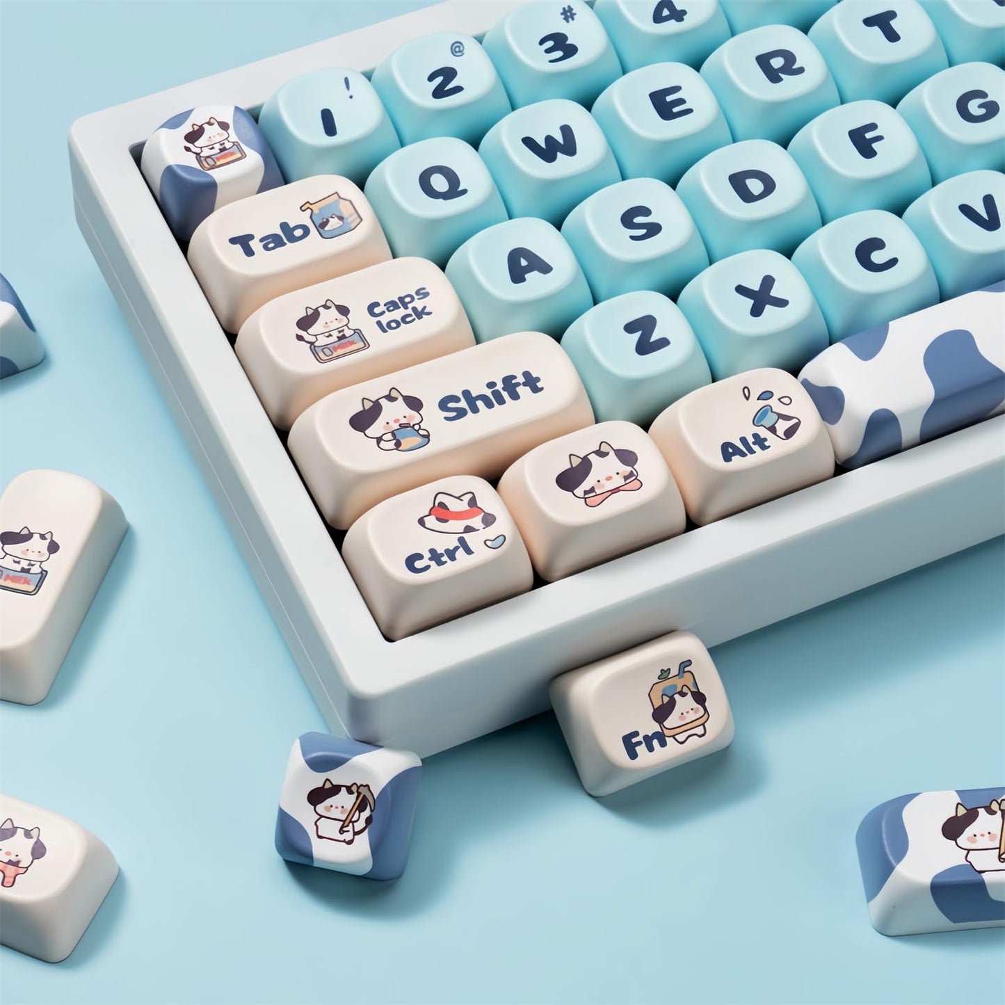 ZMX Cute MOA Keycaps,Kawaii Milk-Cow Round Keycap Custom Full Size Keycap Set Dye-Sub Thick PBT Key Cap for Cherry MX Switch 75% 60% Mechanical Gaming Keyboard Creamy Keycaps (142Keys)