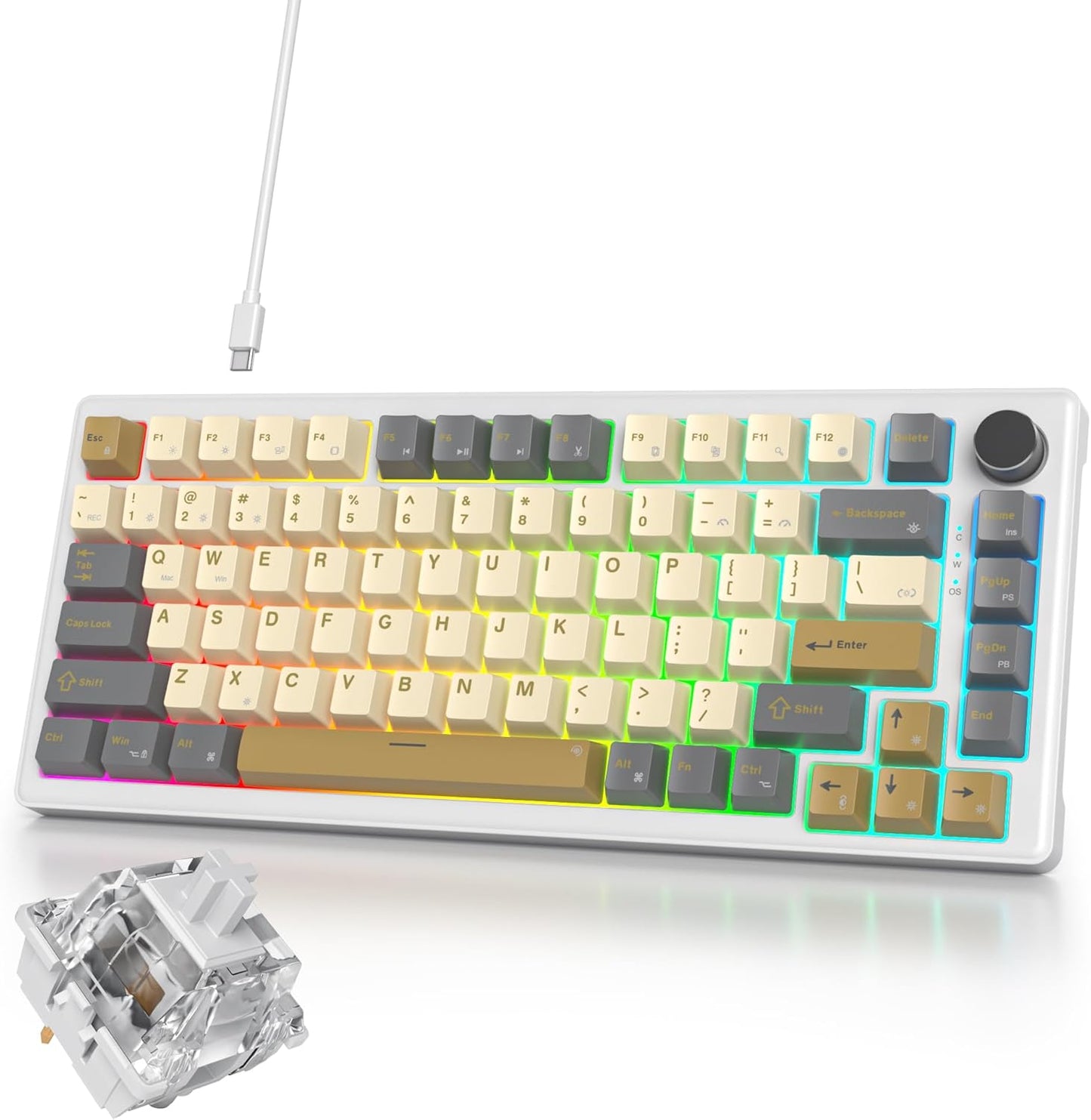 75% Mechanical Gaming Keyboard, Hot Swappable RGB Backlit Custom With Knob, Gasket Mount USB Wired, 82 Keys Blue White Linear Red Switch (82 Blue White)