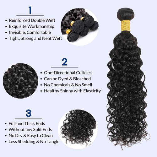 MOMOSHERO Water Wave Human Hair Bundles Curly Bundles, Natural Black Wet And Wavy Human Hair Bundles Sew In Weave, Soft & Shed-free 12A 100% Brazilian Virgin Remy Hair 3 Bundles 16 18 20Inch