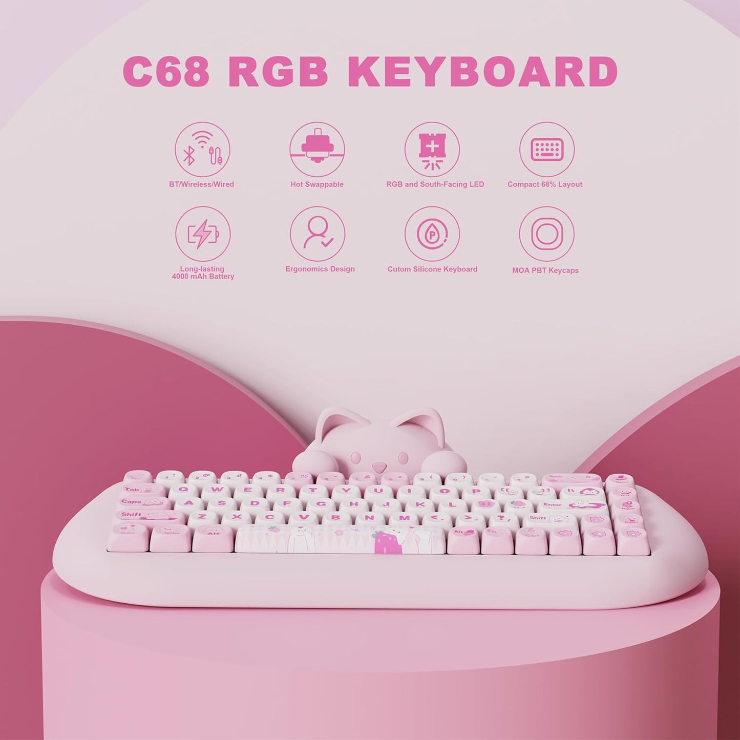 YUNZII C68 65% Wireless Mechanical Gaming Keyboard (Milk Switch, Pink), Spring Tea Dye Sub PBT Keycaps(Cherry Profile, Spring Tea)