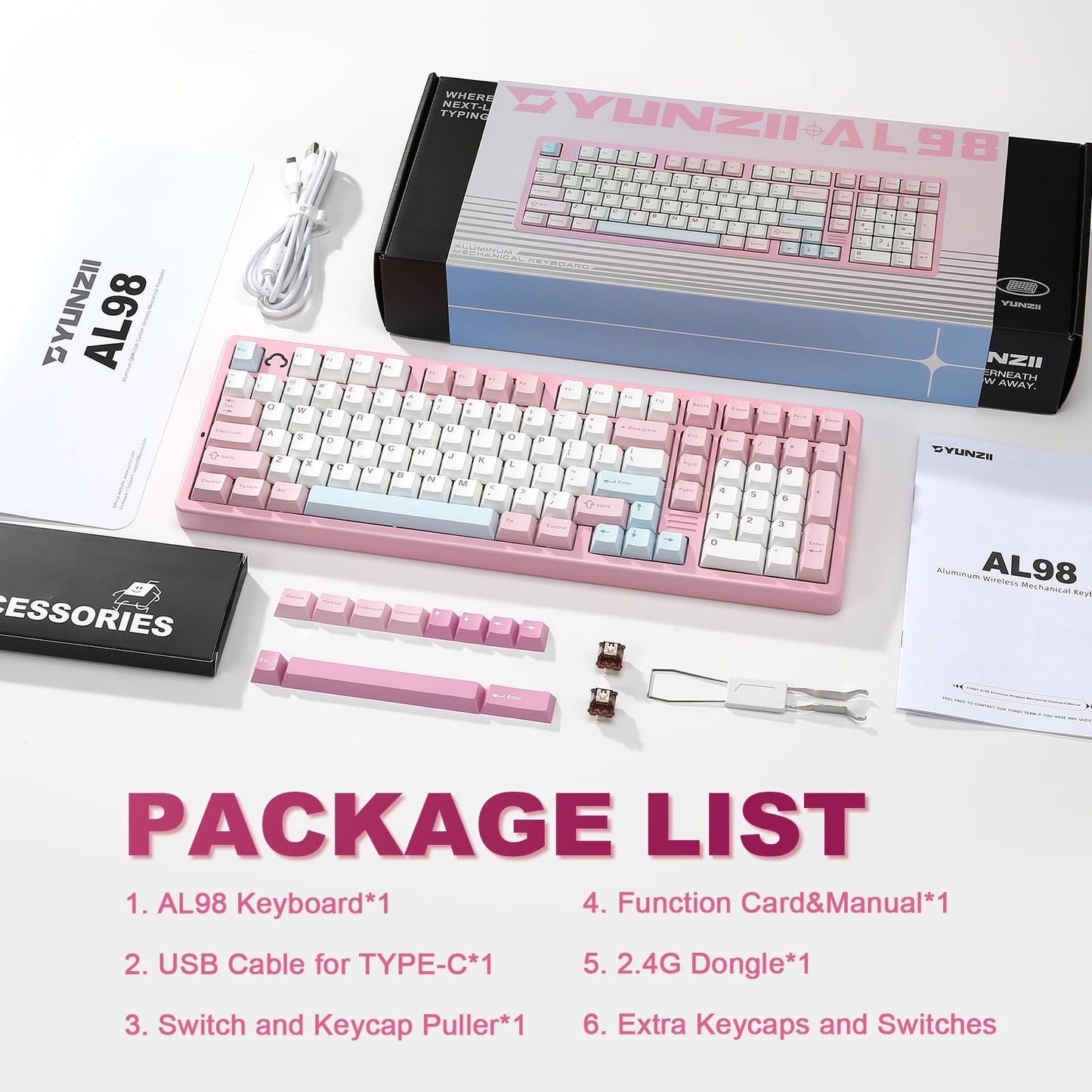 YUNZII AL98 QMK/VIA Wireless Mechanical Gaming Keyboard,Full Aluminum,BT/2.4G/USB-C, Pre-Lubed Hot Swappable Gasket Mount 1800 Layout,RGB Backlit for Win/Mac (Pink, Milk Switch)