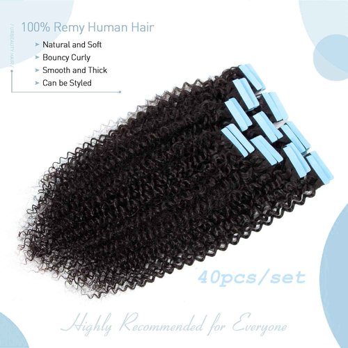 Urbeauty 40 Pcs Tape in Hair Extensions Human Hair Black Women Seamless Kinky Curly Tape on Hair Extensions with Invisible Tape Attached Semi Permanent Tape on Natural Hair 16 Inch