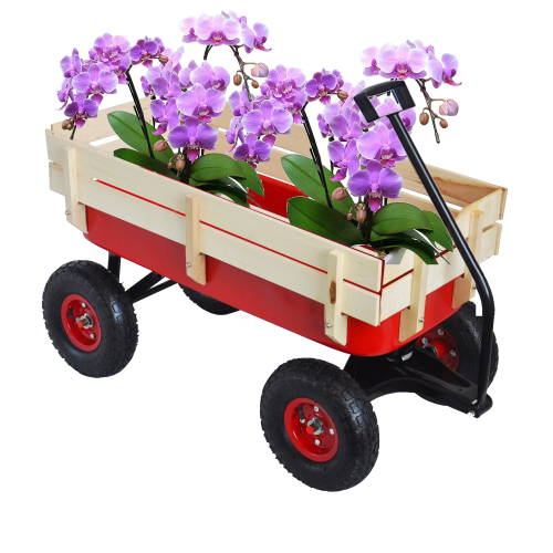All Terrain Garden Wagon with Wood Railing and Air Tires for Outdoor Use