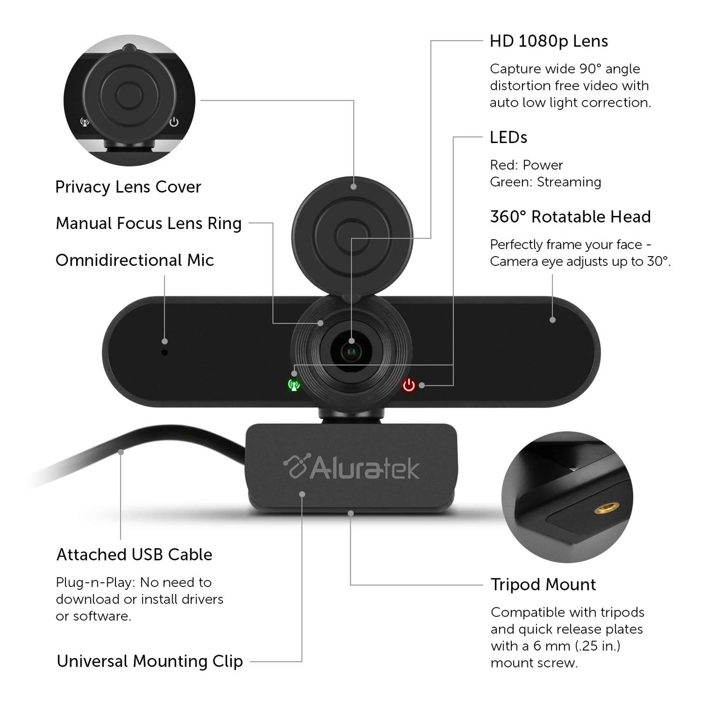 Aluratek HD 1080P Video Webcam (AWC03F) Full HD Webcam with Built-in Microphone, Autofocus, and Adjustable Clip Perfect for Streaming, Video Calls, and Online Meetings Video and Audio