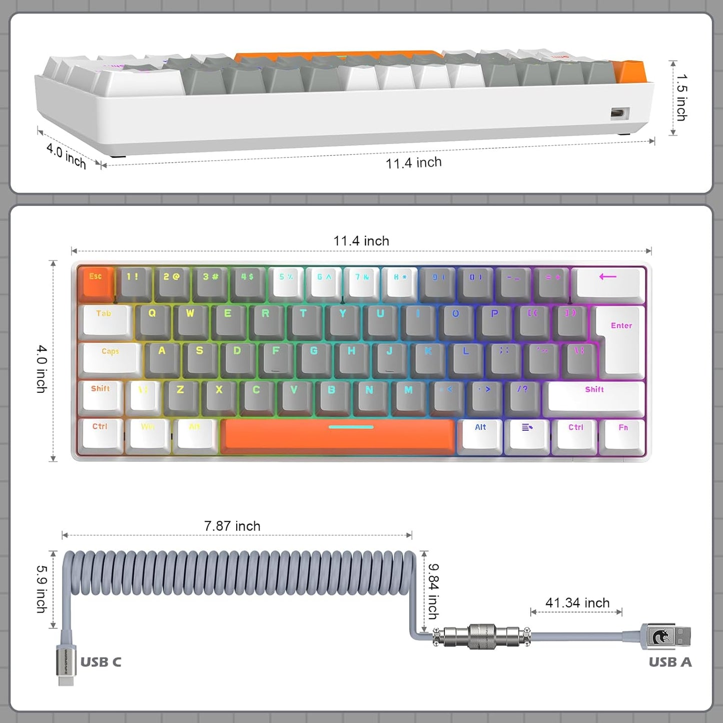 ZIYOU LANG RK-T60 Wired Mechanical Gaming Keyboard and Mouse Combo Portable with Rainbow Backlit 62Key NKRO 6400DPI RGB Honeycomb Mice Coiled Aviator Cable for PS4/PC/WIN Gamer(Dark Gray/Blue Switch)
