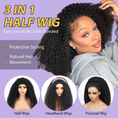 V SHOW Afro Curly 3 In 1 Half Wig Human Hair Elastic Drawstring Wear Go Glueless Kinky Curly Human Hair Half Wigs Friendly To Beginners 180% Density Natural Hairline Flip Over Wig 16Inch