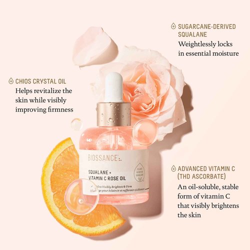 BIOSSANCE Squalane + Vitamin C Rose Advanced Facial Oil - Brightening, Firming, and Hydrating Serum for All Skin Types - Chios Crystal Oil, Damascus Rose Extract & Squalane for Radiance - 1oz