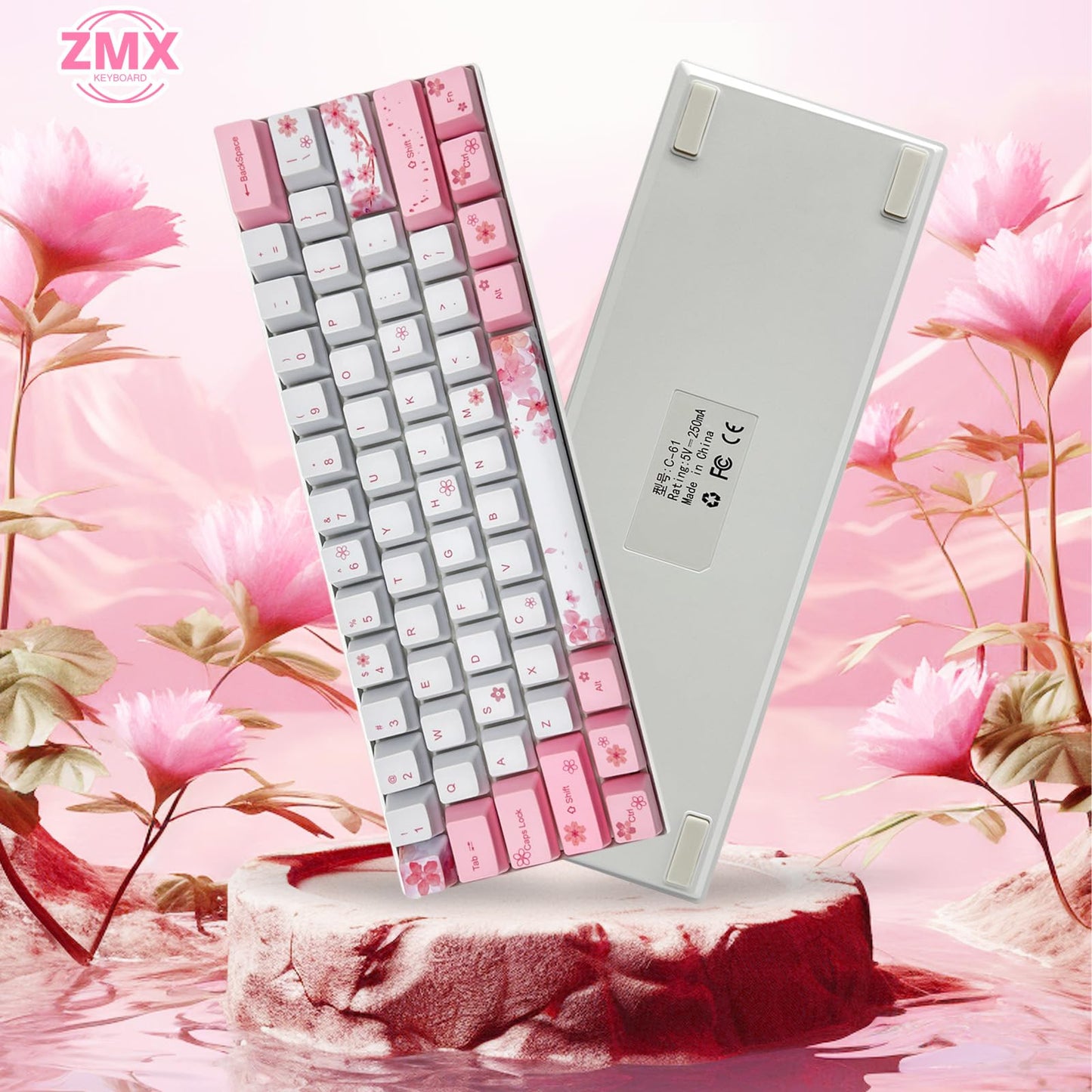 ZMX Cherry Blossom Pink Mechanical Keyboard,60% Compact Hot Swappable USB-C Wired RGB Gaming Keyboard 61 Keys Mini Cute Keyboards with Dye-Sublimation PBT Keycap for PC/Mac (Brown Switch)