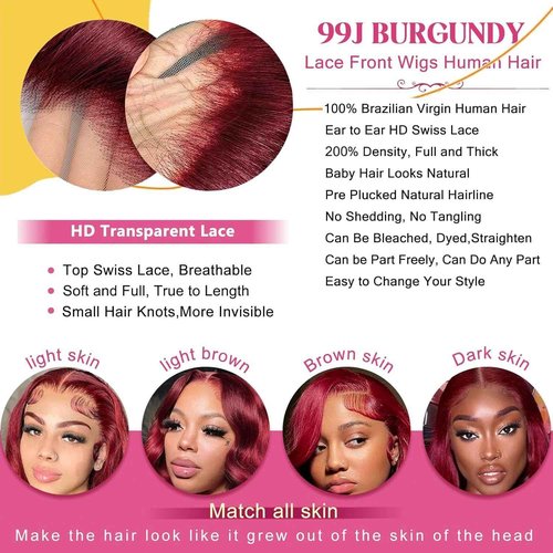 ediere 99j Burgundy Lace Front Wigs Human Hair 13x6 HD Transparent Burgundy Wig Human Hair 200 Density Body Wave Lace Front Wigs Human Hair32inch