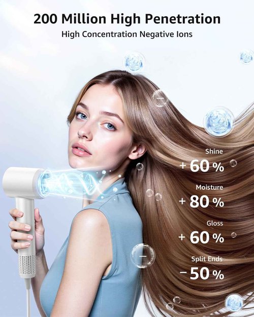 Hair Dryer, 160000 RPM High-Speed Ionic Blow Dryer Portable Professional Lightweight Hair Dryers with 200 Million Negative Ions, Fast-Drying, Quiet Hair Dryer with Nozzle for Home, Salon, Travel(HF03)