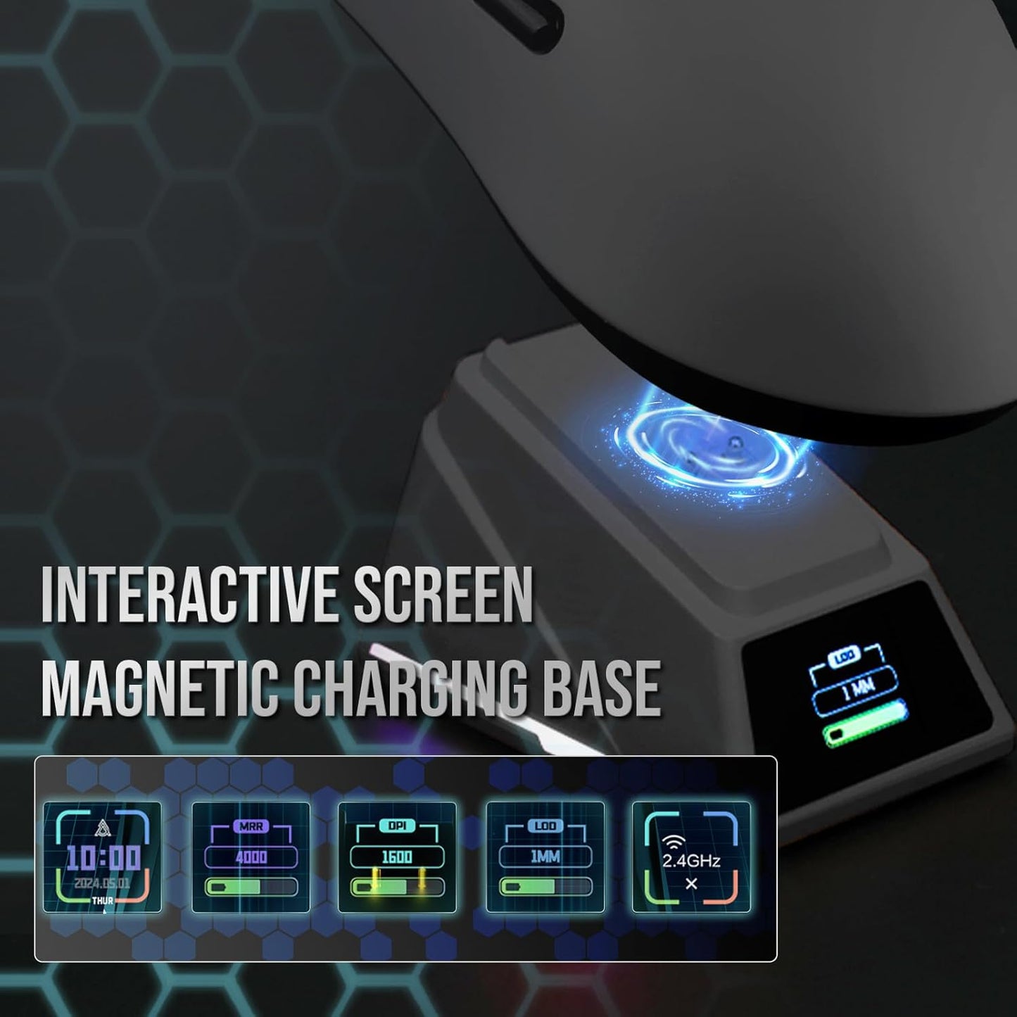 AJ159 APEX Wireless Mouse, Lightweight Gaming Mice, with Magnetic Charging Design and Display Screen, 30000 DPI, PAW3950 Sensor, BT/2.4G/Wired Connection, 400mAh Battery (White)