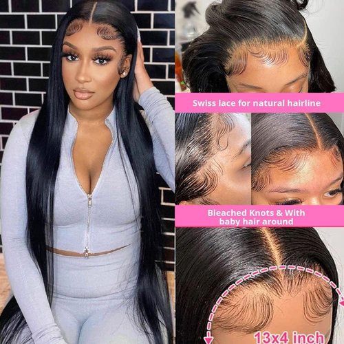 7senwid Straight Lace Front Wigs Human Hair Wigs For Black Women Straight Black Wig13x4 Lace Frontal Glueless Wigs Human Hair Pre Plucked Pre Cut With Baby Hair (18 Inch,130% Density