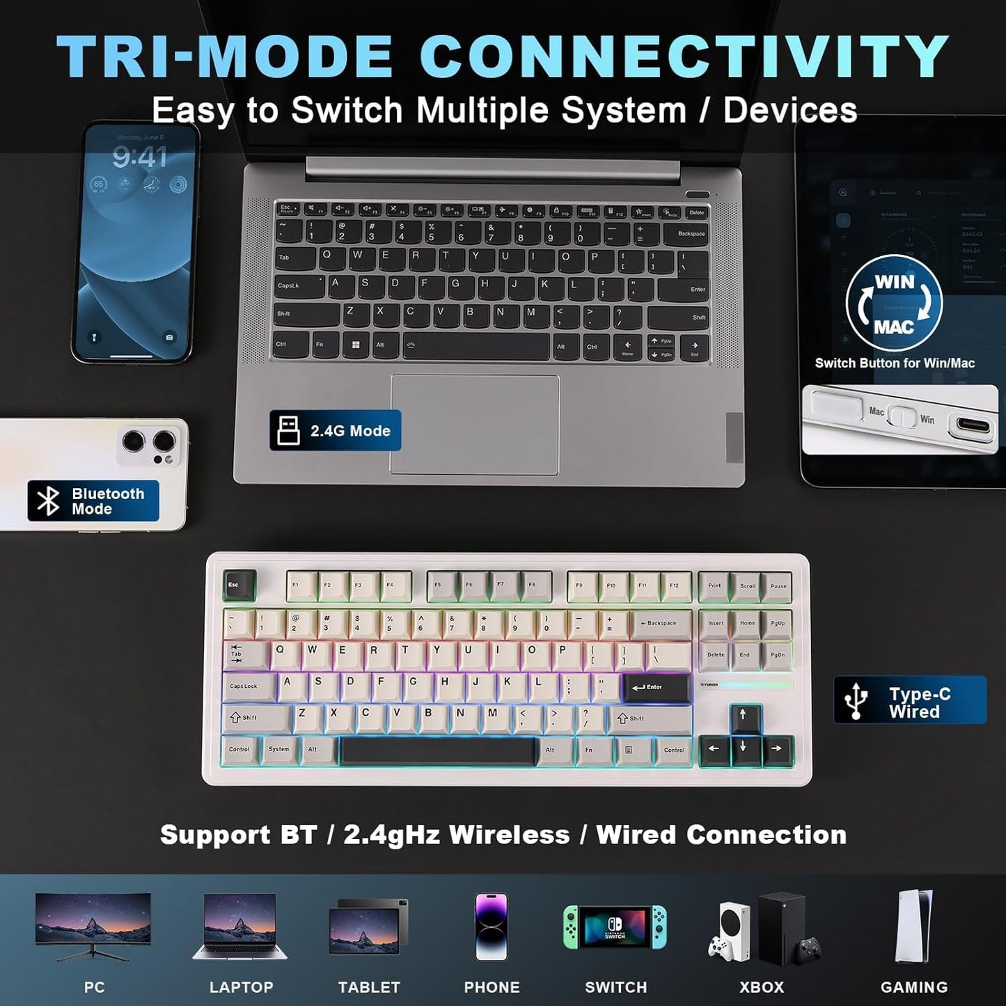 YUNZII YZ87 Gasket Mechanical Keyboard,TKL Wireless Hot Swappable with 5-Layer Padding, BT5.0/2.4G/USB-C NKRO RGB Backlit for Win/Mac(White, Milk Switch)