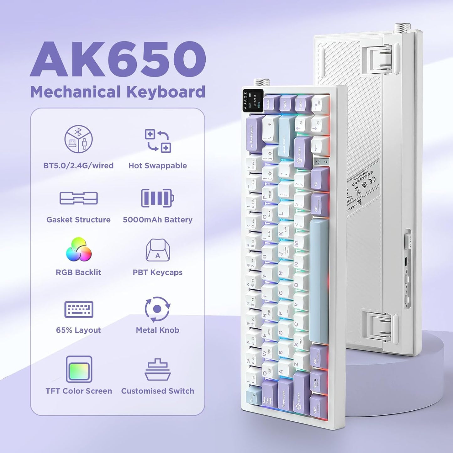 AJAZZ AK650 Mechanical Gaming Keyboard with Smart Display & Knob,65% Wireless Mechanical Keyboard BT/2.4G/USB-C, Hot Swappable, Creamy Sounding with RGB Light (Purple,Flying Fish Switch)