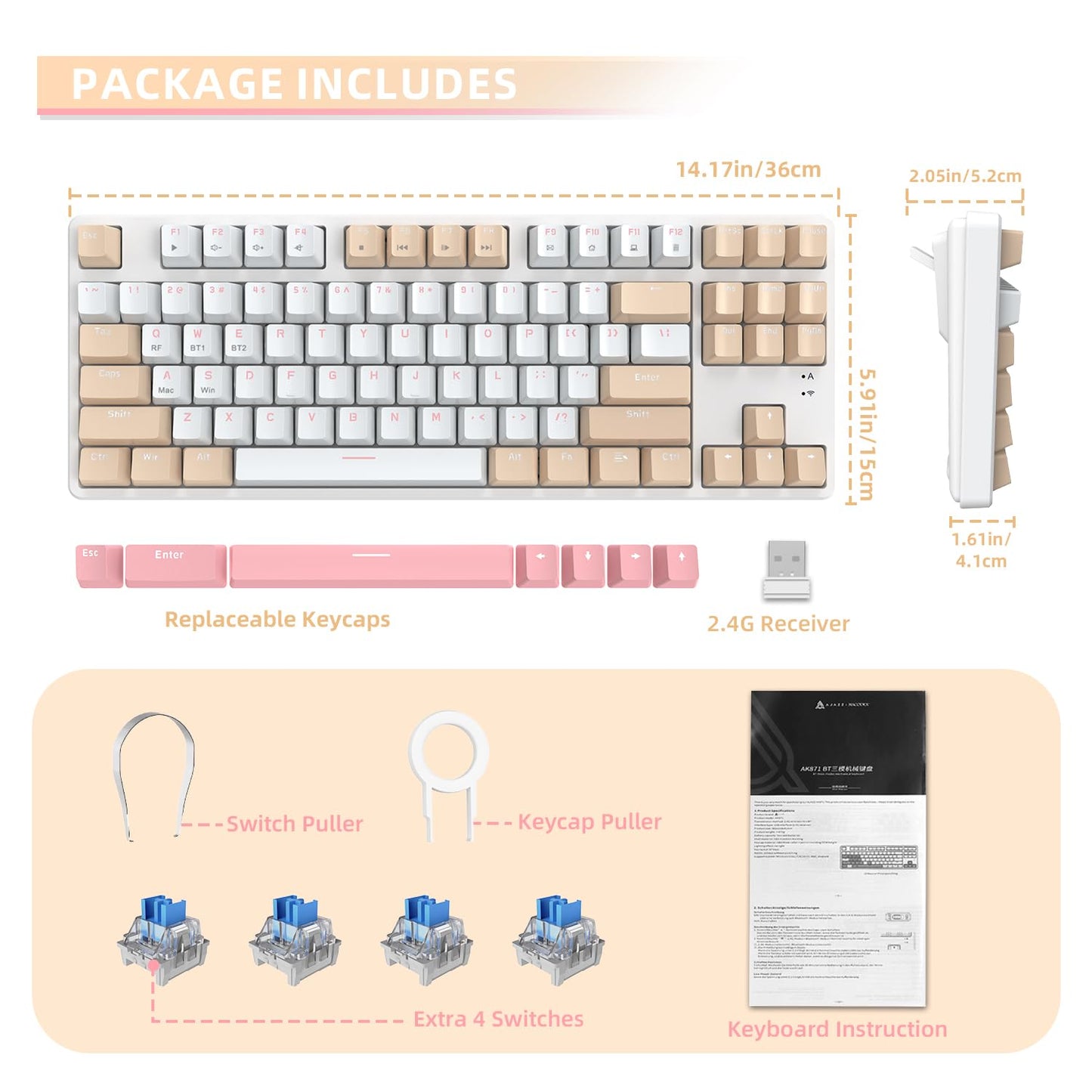 A.JAZZ Wireless Mechanical Keyboard, 87 Keys TKL Hot Swappable Bluetooth Gaming Keyboard, Dual Mode BT5.0/2.4G with Detachable Frame, USB Hub OEM Keycaps Custom Keyboard for Office Gaming(Blue Switch)