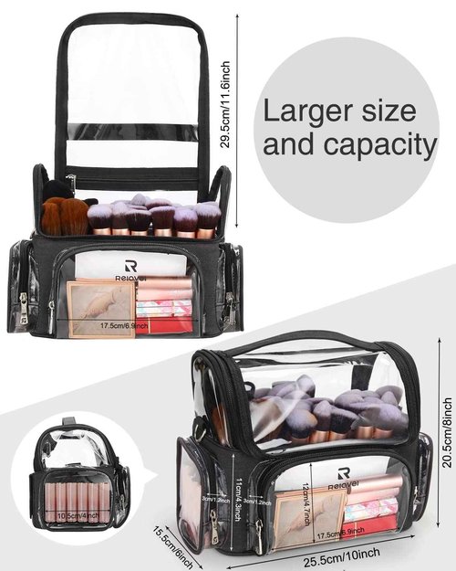 Relavel Extra Large Makeup Case and Makeup Brush Holder Bag, Professional Makeup Organizer, Large Capacity with Adjustable Dividers and Shoulder Strap (Black)