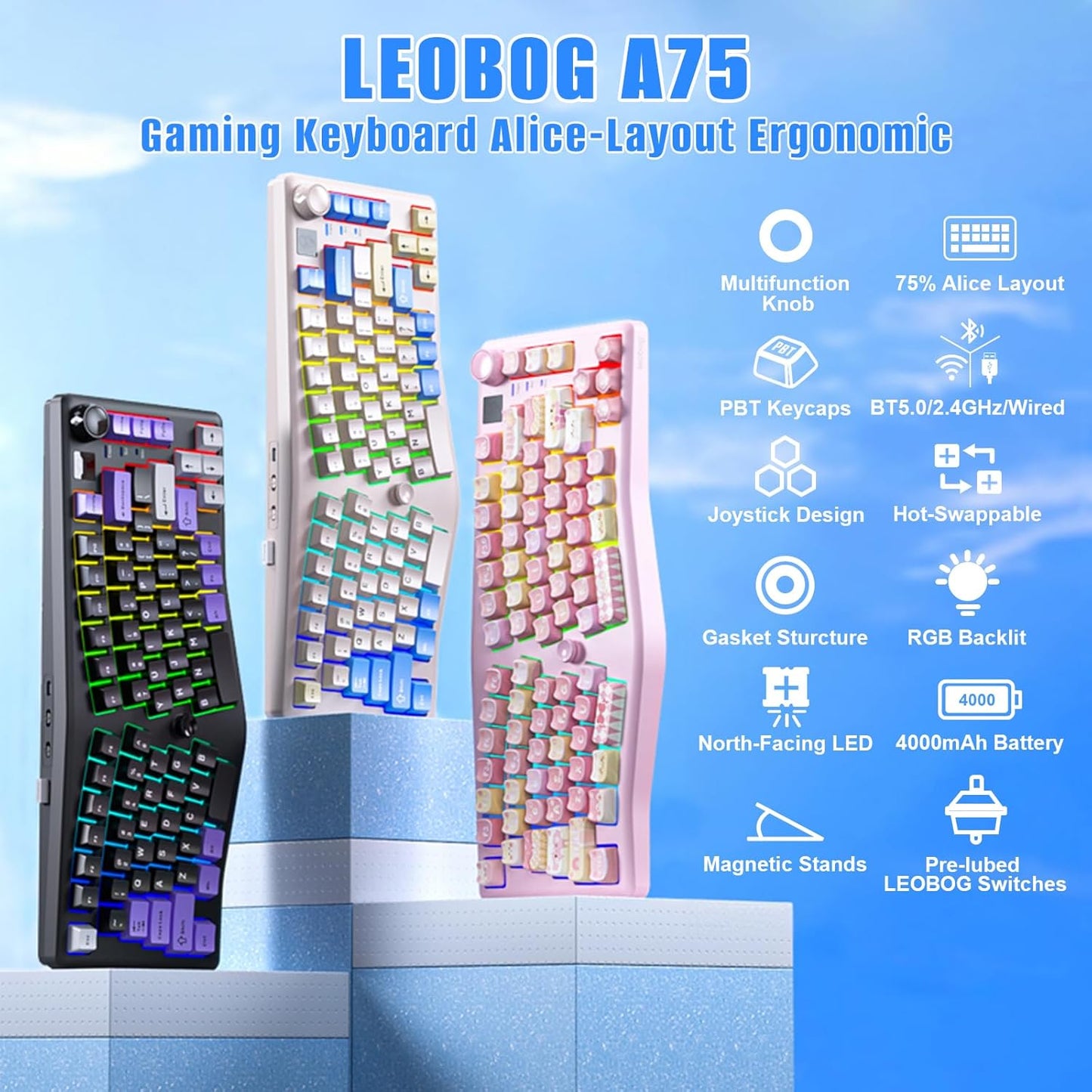 A75 Alice Keyboard, Tri-Mode Ergonomic Gaming Keyboard with RGB Backlit Functional Knob Joystick, 75% Layout Hot-Swap Gasket Custom Keyboards for Win Mac PC Gamer-Black