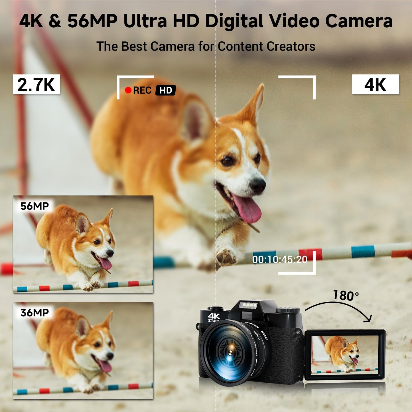 4K Digital Camera for Photography, 75MP WiFi Vlogging Video Camera for YouTube with 3'' 180°Flip Screen, 64GB SD Card, 16x Digital Zoom, 2 Batteries, Point and Shoot Digital Camera for Beginner Black