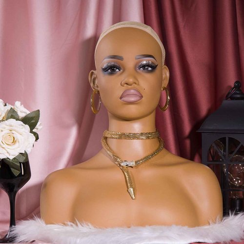 JINGFA PVC Premium Half Body Mannequin Head with Shoulders - Wig Head Stand Perfect for Displaying Wigs, Hats, and Jewelry- Medium Brown Realistic Makeup DH-YH2