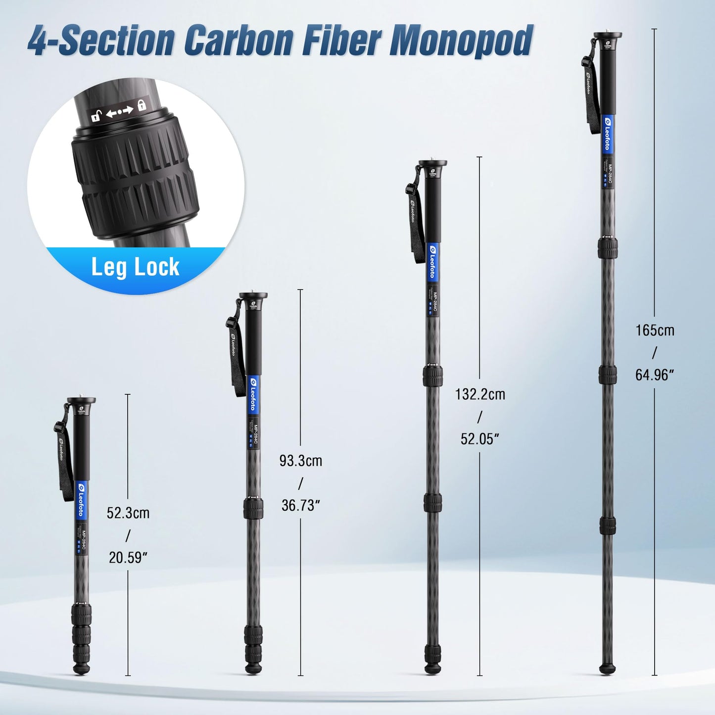 65" Lightweight Travel Carbon Fiber Monopod, 4 Section Professional Video Monopod with Wrist Strap for DSLR Mirrorless Camera, Max Load 18kg/39.68lb