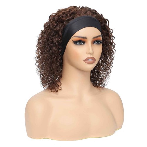 Short Curly Headband Wigs Human Hair Wig for Black Women, Color #4 Glueless Kinky Curly Wigs 100% Unprocessed Hair Chocolate Brown None Lace Front Wigs Dark Brown 150% Density (14 Inch, #4)