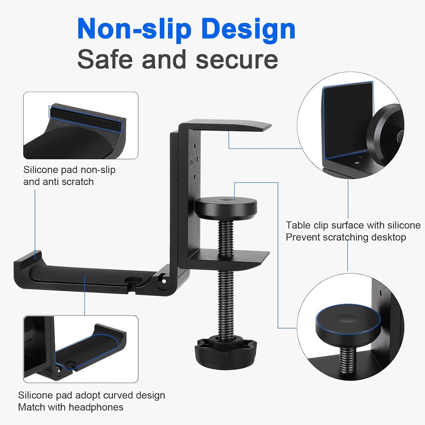 Aluminum Headphone Stand Hanger Foldable with Cable Clip - Goldmille Headset Holder Clamp Hook Under Desk, Save Your Space While Working & Gaming