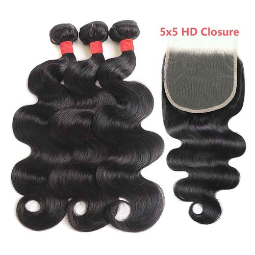 Bundles with Closure Human Hair (20 22 24+18) Body Wave 3 Bundles with 5x5 HD Closure 100% Human Hair 12A Unprocessed Virgin Hair Natural Black