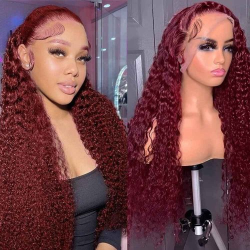 99J Burgundy Lace Front Wigs Human Hair Wine Red Colored Deep Wave 13 * 6 HD Lace Front Hair Pre Plucked Glueless For Women 180 Density 26 Inch