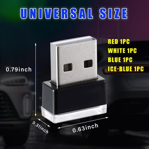 Augeny 4 PCS USB LED Car Interior Atmosphere Lamp, Plug-in USB Decor Night Light, Portable Auto Ambient Lighting Kit, Universal Vehicle Interior Accessories for Most Cars (White+Red+Blue+Ice Blue)