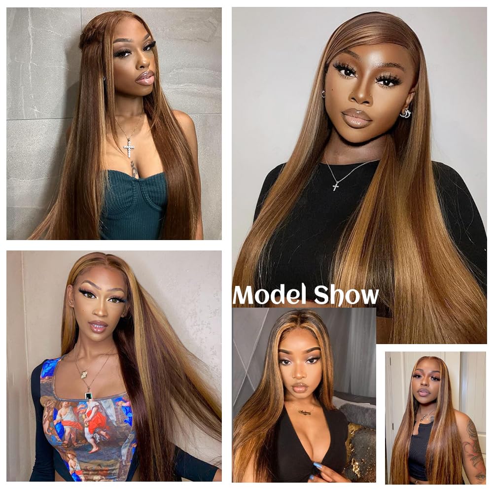 Ombre Lace Front Wig Human Hair Highlight 13x6 Lace Front Wigs Human Hair Straight Wigs Pre Plucked 200% Density Honey Blonde 4/27 Colored Wigs for Women 28 Inch
