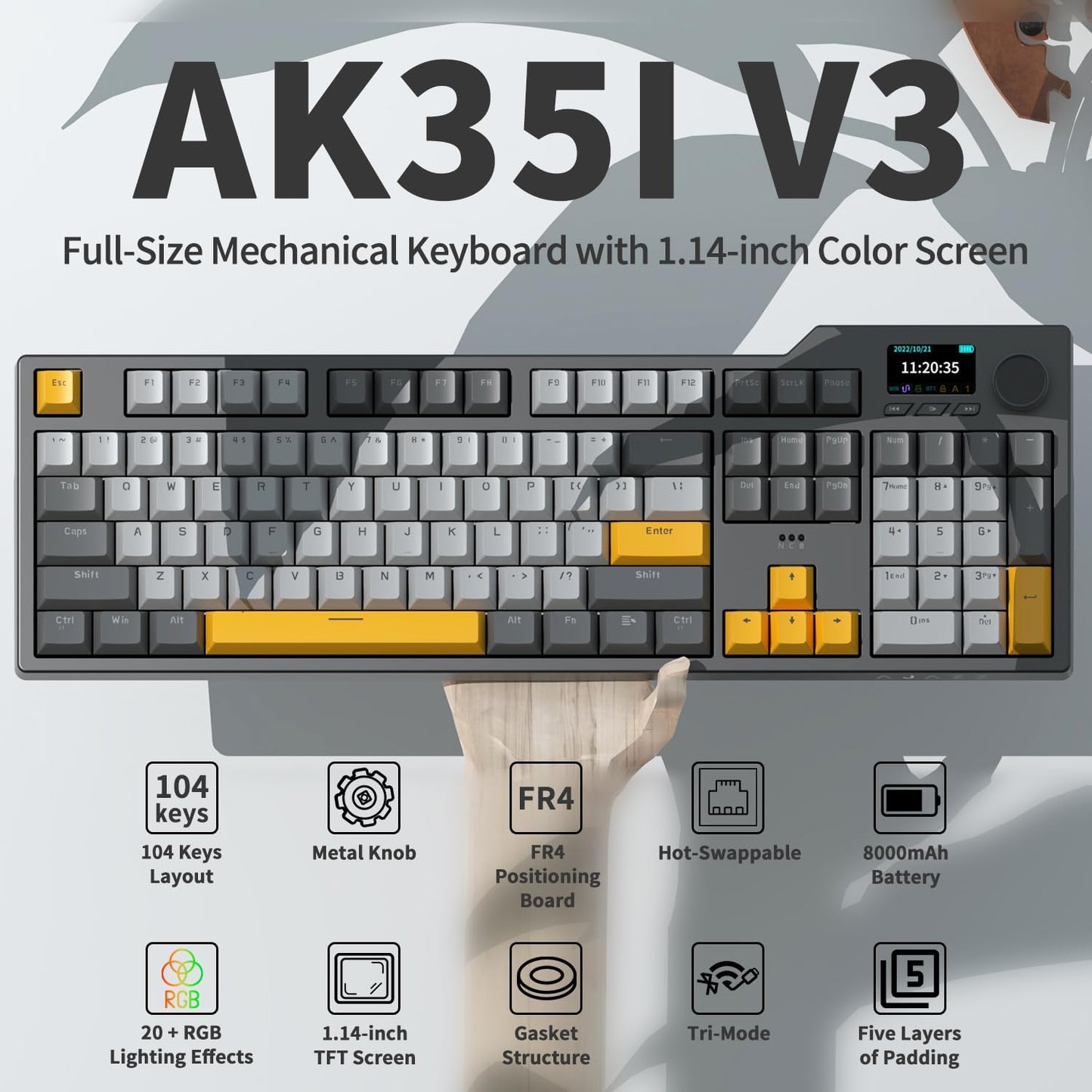 AJAZZ AK35I V3 104-Key Full Size Wired Gasket Mount Gaming Keyboard with Multimedia Buttons & Knob Control | Five Layer Pad | OEM Profile PBT Keycaps | White Backlit Custom Keyboard