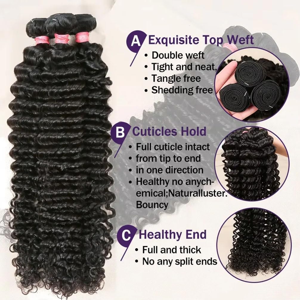 12A Water Wave Human Hair (20 22 24 Inch) 100% Unprocessed Deep Curly Weave Brazilian Human Hair Bundles Full And Thick Virgin Raw Hair Extensions Natural Color