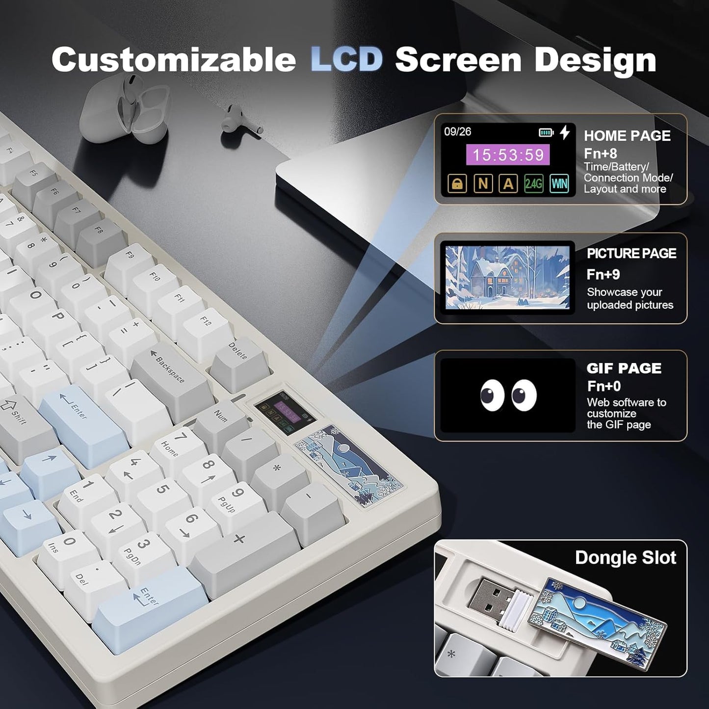 YUNZII IF99 Wireless Mechanical Gaming Keyboard with Smart LCD Display, QMK/VIA Programmable BT/2.4G/USB-C Gasket Mounted Hot Swap RGB 96% Layout for Mac/Win (White, Gateron Zero Switch)