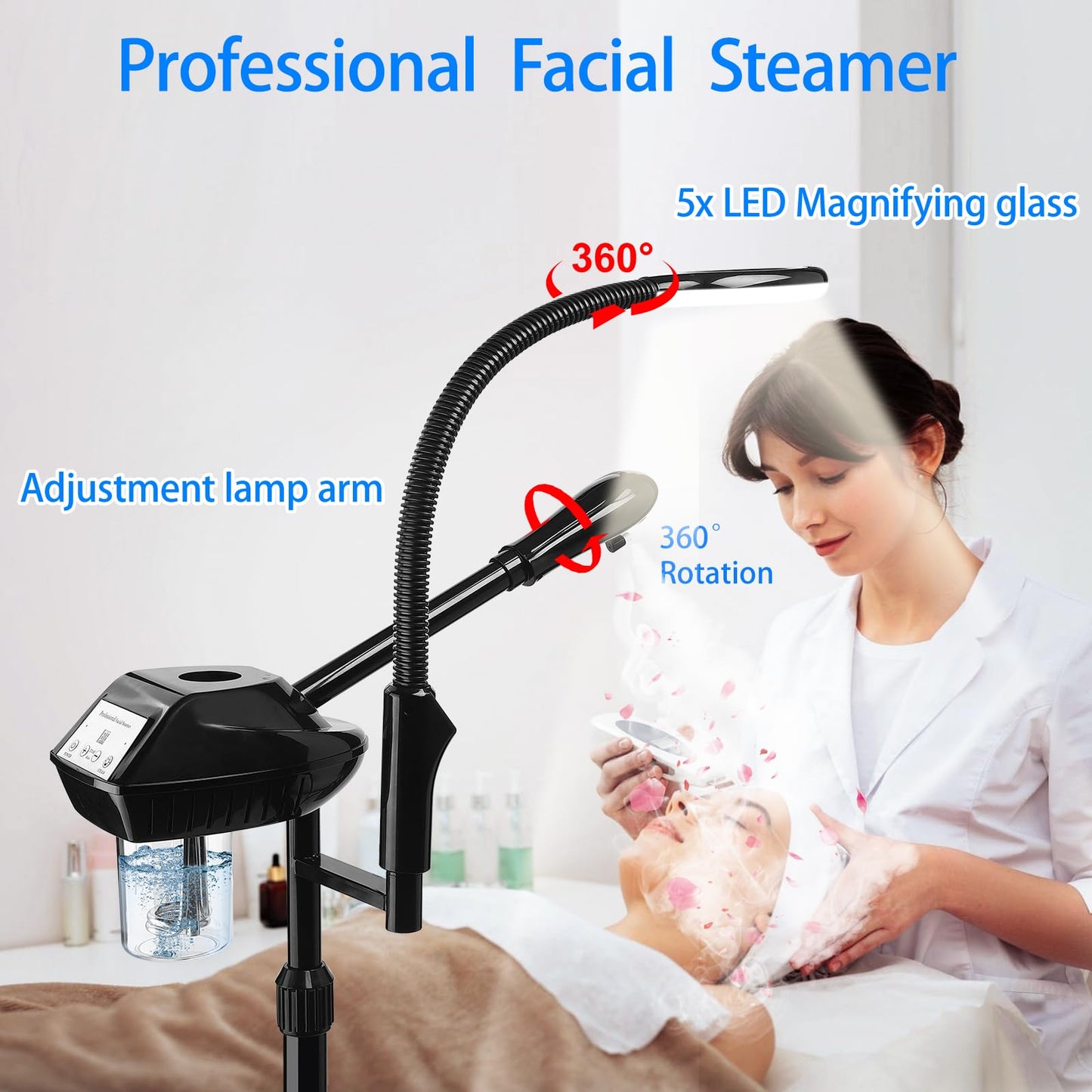 Professional Facial Steamer on Wheels, 2-in-1 Facial Steamers with 5X Magnifying Lamp, Facial Steamer for Facial Deep Cleaning, Facial Humidifier for Spa, Salon and at Home Use