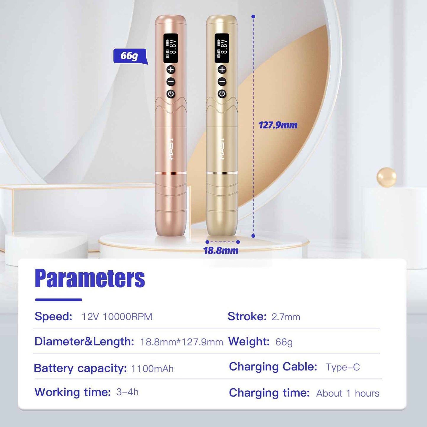 Mast Nano2 Tattoo Gun Cordless Tattoo Machine, 2 Batteries Power Supply, Super Light 66g, 1100mAh for 4 Hours (Champagne Gold)