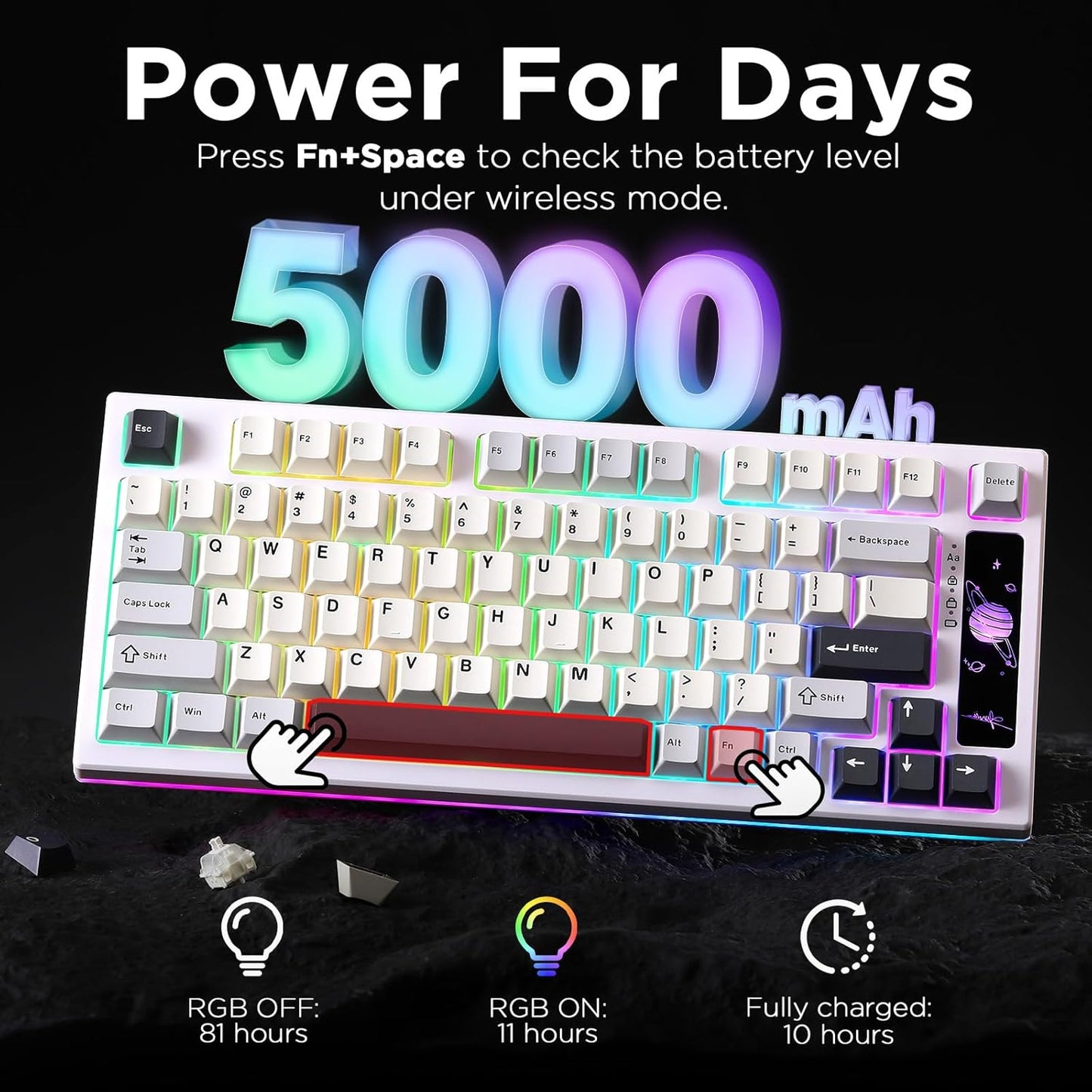 YUNZII RT80 Rapid Trigger Hall Effect Magnetic Gaming Keyboard,8K Polling Rate,75% Layout,BT/2.4GHz/Wired,RGB Backlit,Gasket Hot Swap,Adjustable Actuation for Win/Mac (White Line, Gateron White)