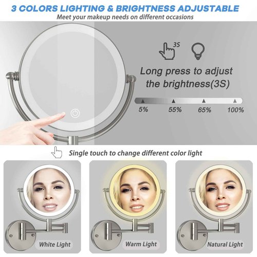 Wall Mounted Lighted Makeup Vanity Mirror with Magnification, 8 Inch Double Sides 10X Magnifying Bathroom Mirror 3 Color Lighting Touch Dimming, Extended Arm Shaving Mirror Hard Wired, Brushed Nickel