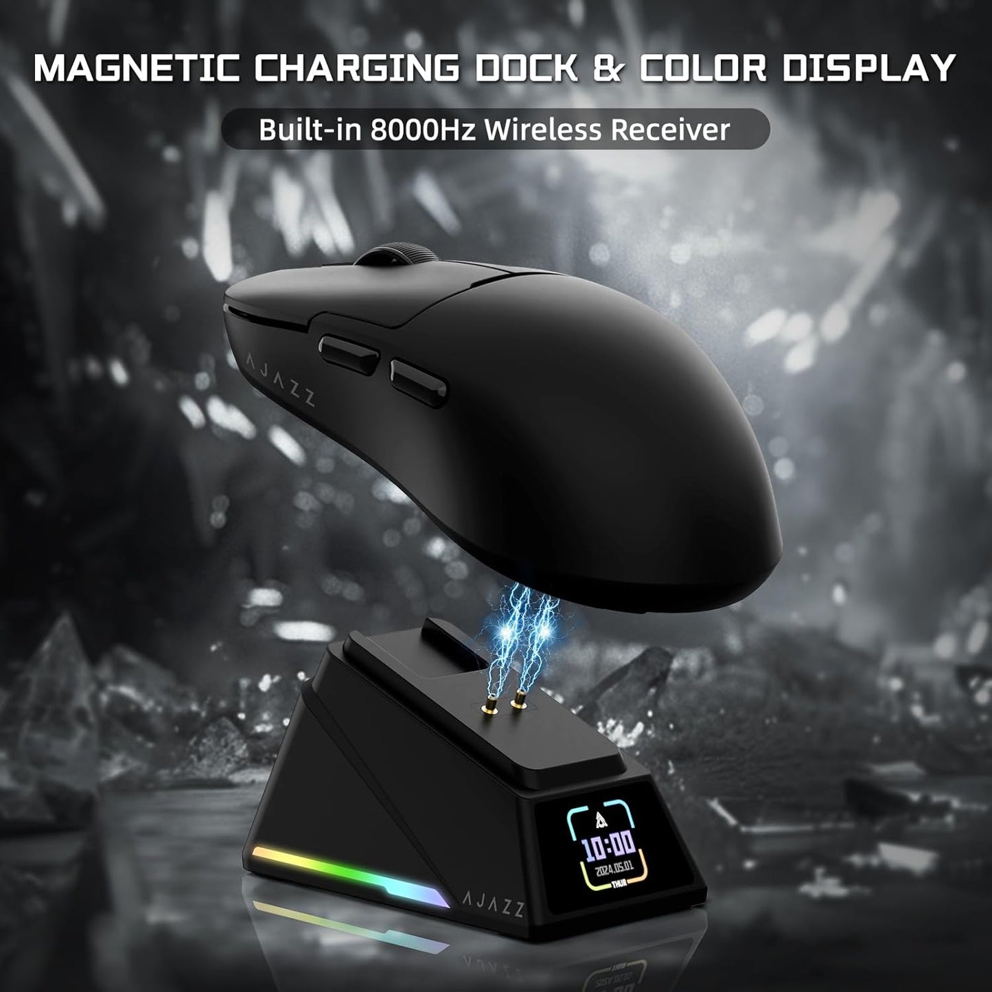 AJAZZ AJ159 APEX Wireless Gaming Mouse with Magnetic Charging Base, 56g Lightweight BT/2.4G/USB-C Wired Mouse, PAW3950APEX 42K DPI Optical Sensor, Programmable Buttons for PC/Mac/Win(Black)