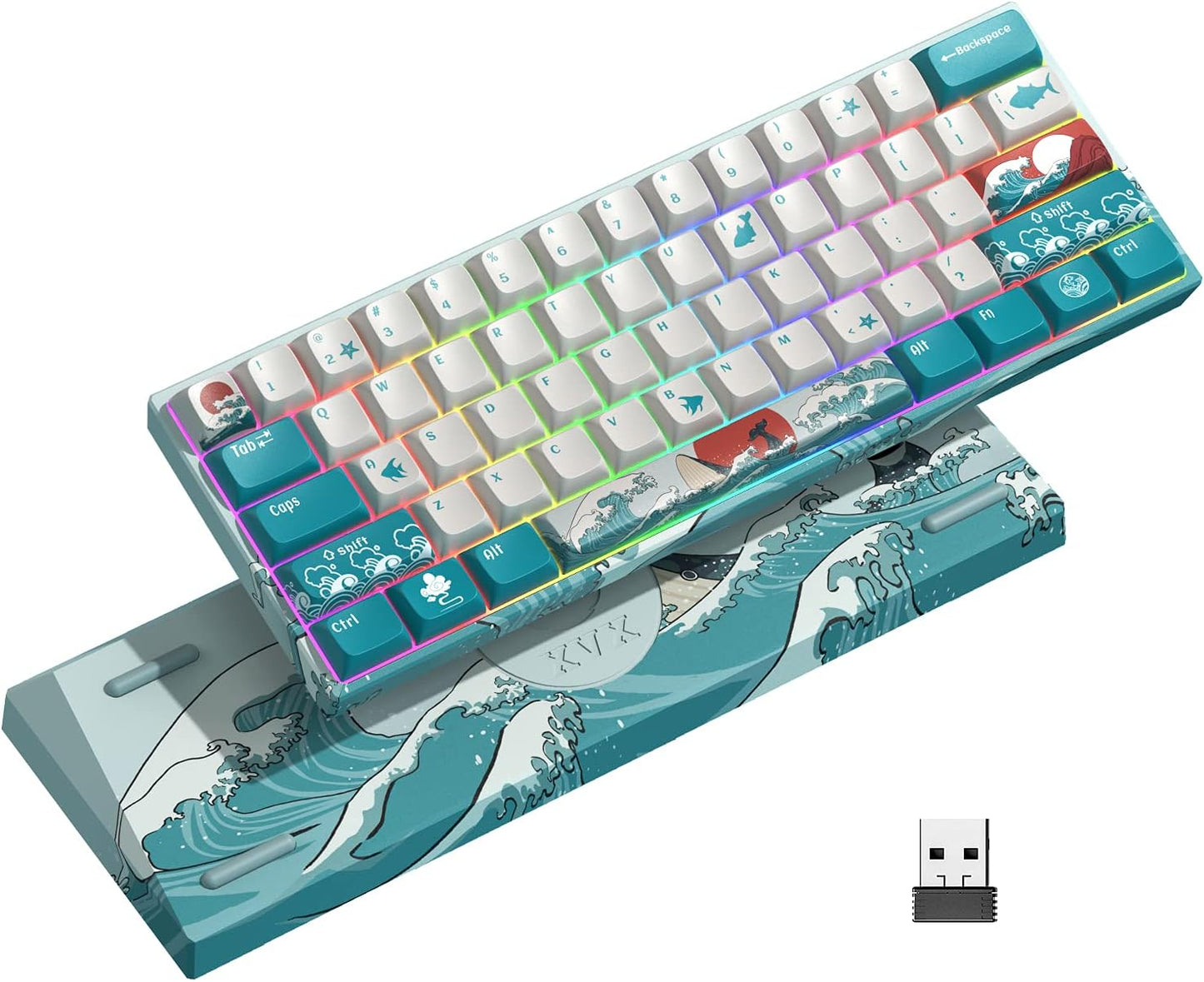 XVX 60% Gaming Keyboard, RGB 3-Modes Wireless Mechanical Keyboard, Mini 60 Percent Gamer Keyboard with Hot-Swappable Pre-lubed Linear Switch for Windows & Mac (Great Wave Off Kanagawa), M61 Pro