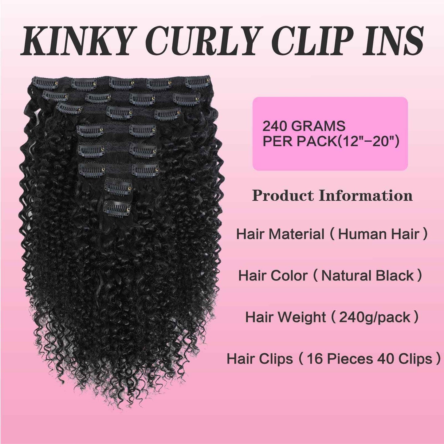Geogroket Kinky Curly Clip in Hair Extensions for Women 3C 4A Kinky Curly Clip ins 10A Brazilian Virgin Human Hair Curly Hair Extensions 16pcs 240g/set Natural Black (20 Inch)
