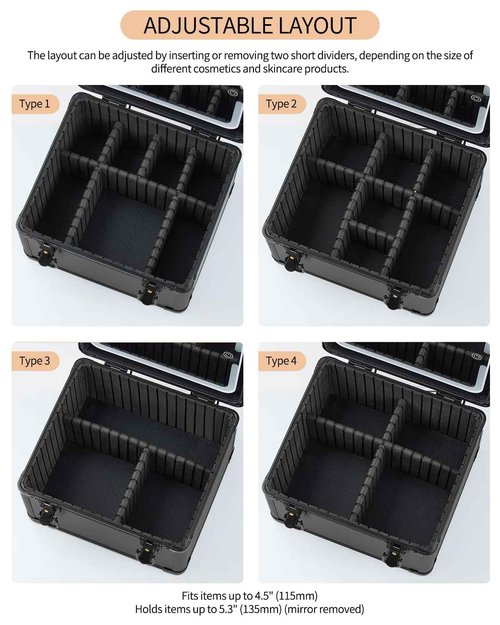 Makeup Case with Lighted Mirror, Travel Makeup Bag Organizer with 3CCT LED Mirror, Cosmetic Bag for Women with Adjustable Divider, Makeup Storage Box with Lock, Waterproof Travel Train Case