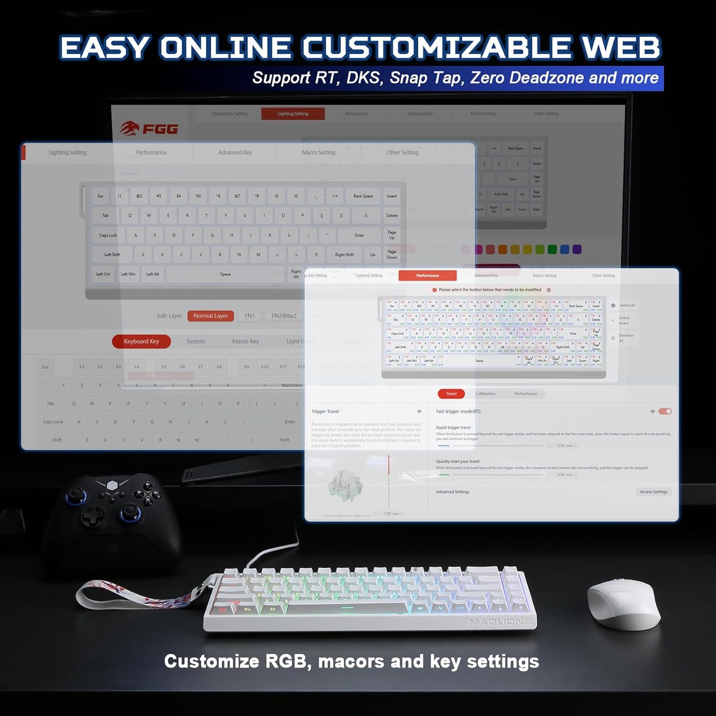YUNZII x MADLIONS MAD68 HE Rapid Trigger Wired Magnetic Mechanical Gaming Keyboard 60% Hall Effect Switches Adjustable Actuation, PBT Keycaps RGB Hot-Swap,8K Hz Polling Rate(White,Amber Pro Switch)