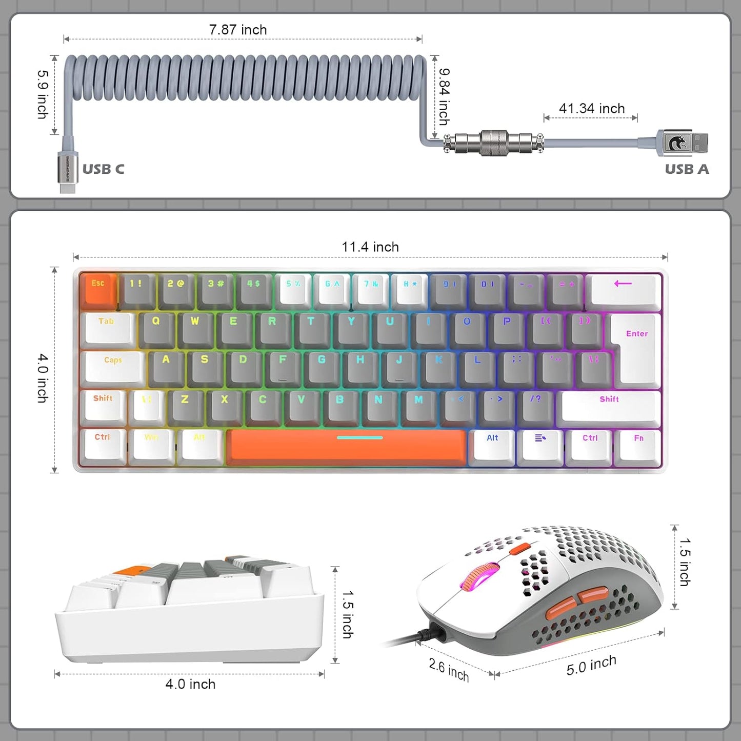 ZIYOU LANG RK-T60 Wired Mechanical Gaming Keyboard and Mouse Combo Portable with Rainbow Backlit 62Key NKRO 6400DPI RGB Honeycomb Mice Coiled Aviator Cable for PS4/PC/WIN Gamer(Dark Gray/Blue Switch)
