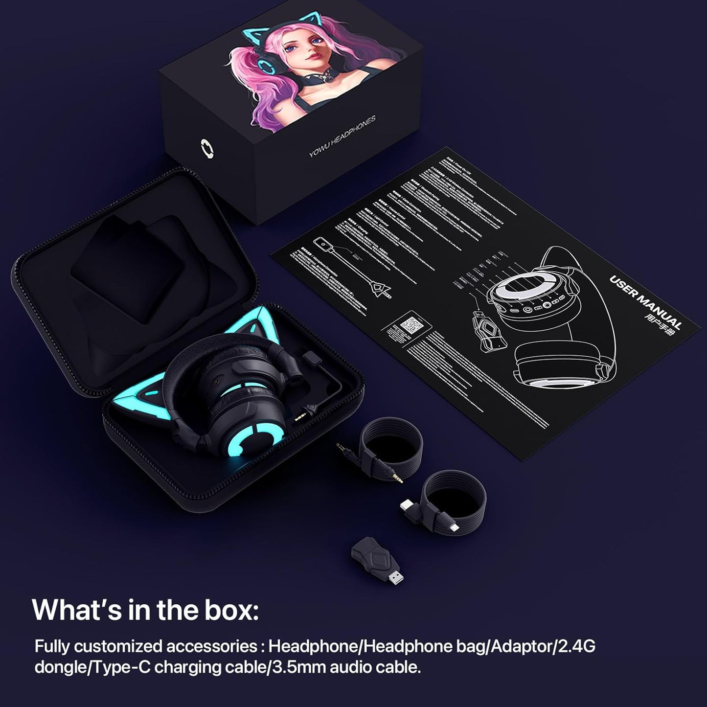 YOWU RGB Cat Ear Headphone 4, Upgraded Wireless & Wired Gaming Headset with Attachable HD Microphone -Active Noise Reduction, Dual-Channel Stereo & Customizable Lighting and Effect via APP (Pink)