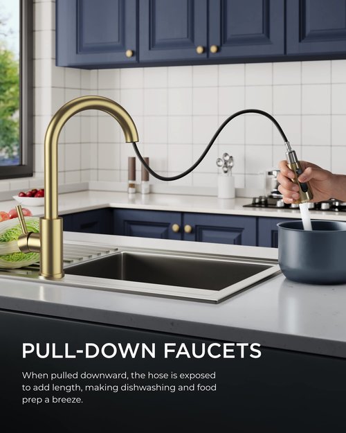 FORIOUS Gold Kitchen Faucet with Pull Down Sprayer, High Arc Single Handle Classic Stainless Steel Sink Faucet 1 or 3 Hole, Suitable for Farmhouse Camper Laundry Rv Bar