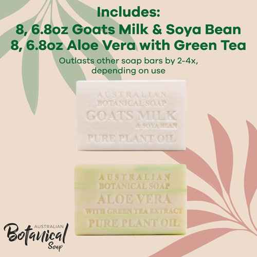 Australian Botanical Soap, Goat Milk Soap with Soya Bean | Aloe Vera Soap with Green Tea | Bundle of 8 Each, Organic African Shea Butter, Natural Soap Base for All Skin Types, 16 Bar Soap Bundle