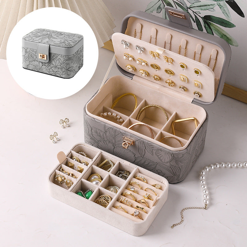 Leather Jewelry Storage Box with Patterned Design and Velvet Interior